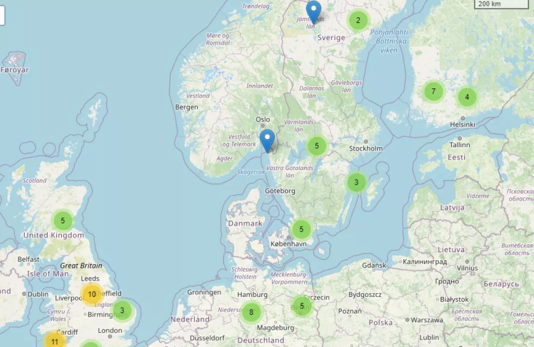 Map of permaculture places in Europe