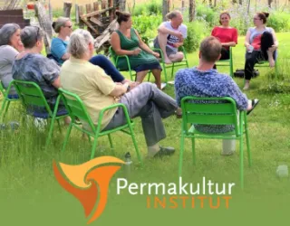 employees of the permaculture institute at a strategy meeting: you see people of different ages and genders sitting on green chairs in a circle on a fresh green meadow. a vegetable garden is indicated in the background and the people in the center of the picture are laughing employees of the permaculture institute at a strategy meeting: you see people of different ages and genders sitting on green chairs in a circle on a fresh green meadow. a vegetable garden is indicated in the background and the people in the center of the picture are laughing
