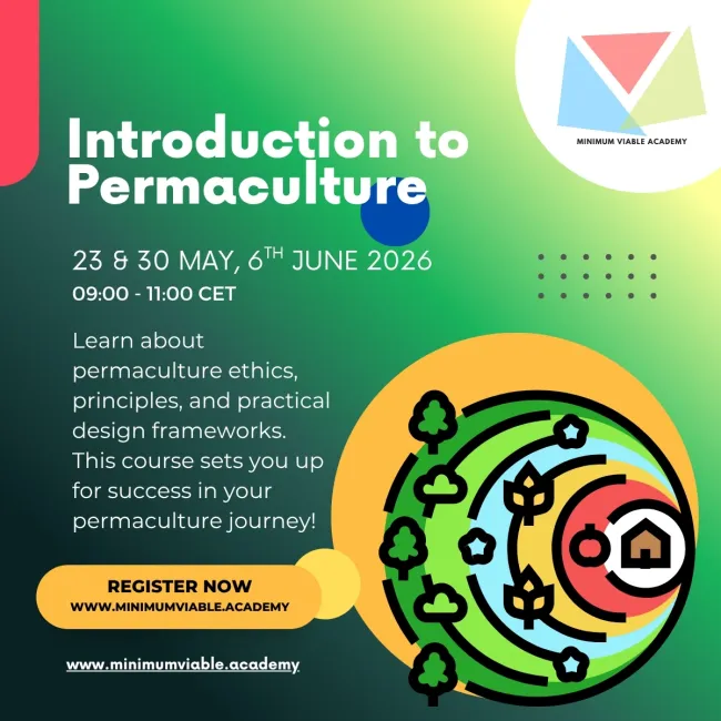 Introduction to Permaculture, 23, 30 May and 6th June 09:00 - 11:00 CET text on green background